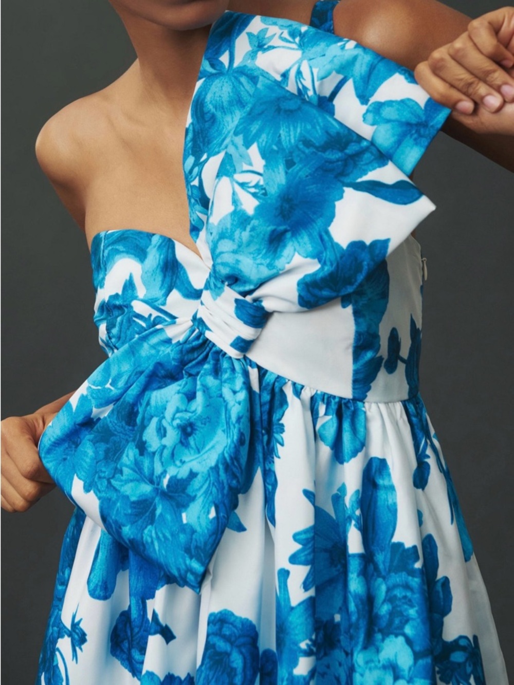 Anthropologie Atsu Sally One-Shoulder Blue Floral Midi Dress with Bow - Picture 9 of 10